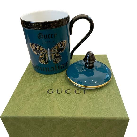GUCCI XXV Animalium Print Mug Porcelain Butterfly with Lid Blue Black Gold NEW - Picture 7 of 16